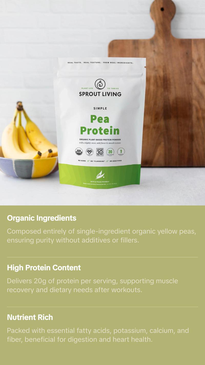 Sprout Living Simple Pea Protein Organic Unflavored Plant-Based Powder 20g Protein Per Serving Hypoallergenic Low FODMAP Keto Paleo Friendly US