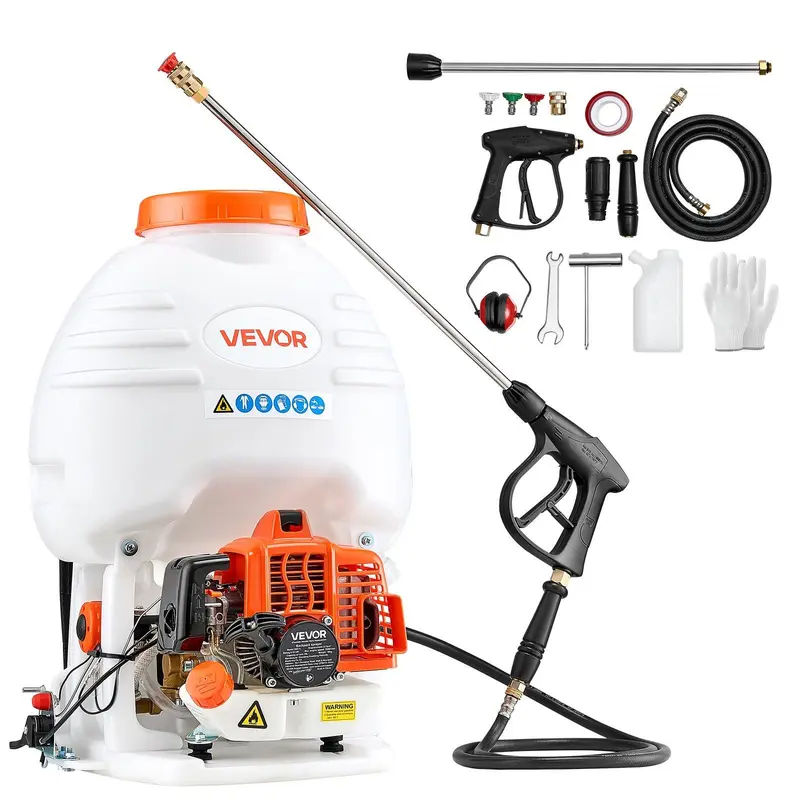VEVOR Gas-Powered Backpack Sprayer, 5 Gal Tank (5gal Fewer Refills), 26.5CC 0.9HP Engine, 24in Even Coverage Wand & Nozzles, Padded Shoulder Straps, Broad Even Misting, Tick Control, Commercial/Home Pest Control & Lawn Care Accessory