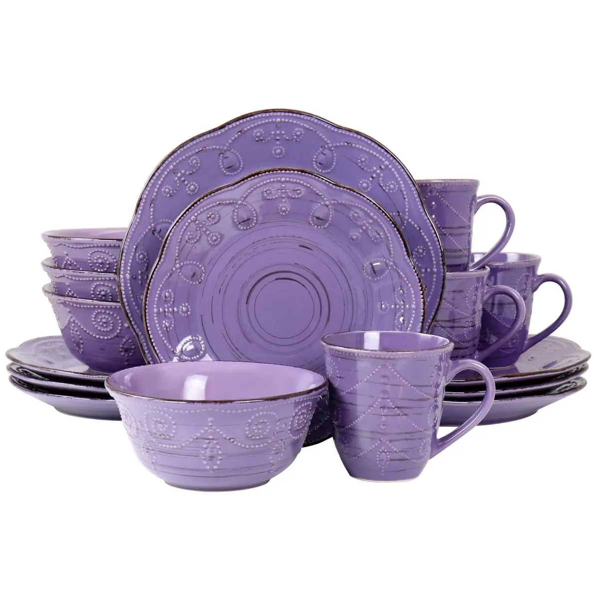 Rustic Birch Stoneware Dinnerware Set, Purple - 16 Piece