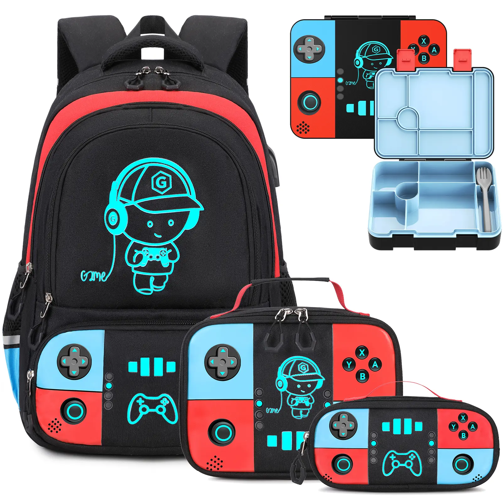 SIMILOVE 3pcs(backpack set)-blue astronaut Childrens Bag, Cool Glow-in-Dark Waterproof USB Port Gaming Geek Bag, 4-Piece Set with Lunch Box & Pencil Case, Back to School Birthday Gift for Elementary Boys