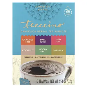 Teeccino Dandelion Herbal Tea Sampler, 6 Flavors, Caffeine Free, 12 Tea Bags, 2.54 oz (72 g)