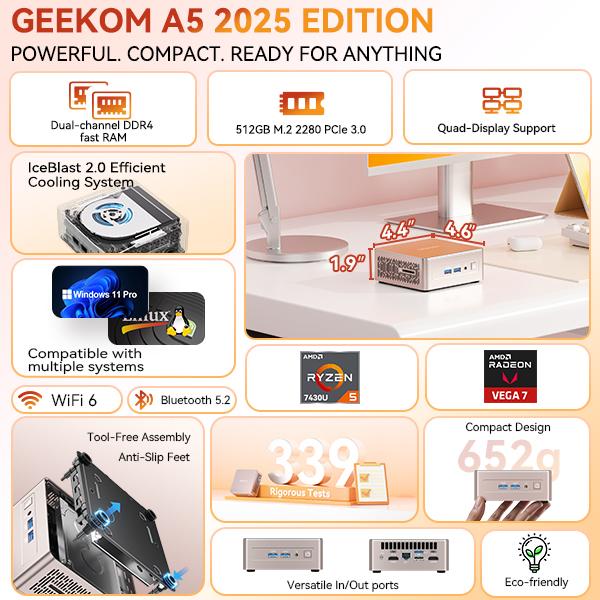 GEEKOM A5 2026 Edition Mini PC AMD Ryzen 5 7430U Cpu 16GB RAM 512GB & 1TB SSD Win11 Pro 3-Year Warranty WiFi 6 Bluetooth USB 3.2 2 HDMI 2 USB-C HDD Slot Manual Upgrade Required 4K Display Home Office Computer Cpu Made For Gaming chrismas gift