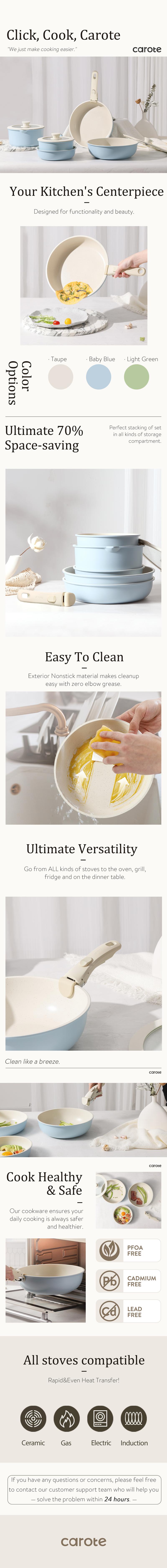 [Official] CAROTE 18pcs Detachable Handle Nonstick Cookware Set, Blue/Green/Black/Taupe/White, Pots and Pans, Oven safe Frying Pan, Dishwasher Safe