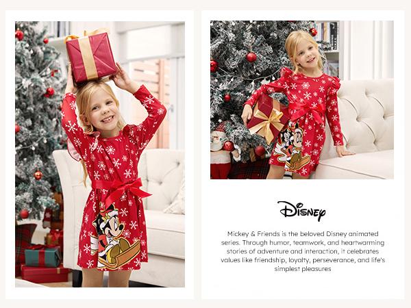 PatPat Disney Baby Girl Dress Mickey & Friends Print with Bow Holiday Outfit for Photos Festive Mickey & Friends Print Dress，easter
