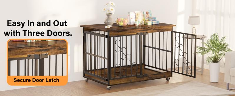 【TreasureFinds】COZPAW  Dog Crate Furniture 48 Inch Wooden Heavy Duty Dog Kennel with Lockable Wheels for Medium/Large Dogs, Three Doors Cage   (Brown)