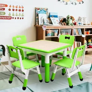 Kids Table and 4 Chair Set, Adjustable Toddler Table and 4 Chairs with Non-Slip Desk Legs&Organizer Graffiti Desktop, Multi-Function Tables for Kindergarten, Living Room