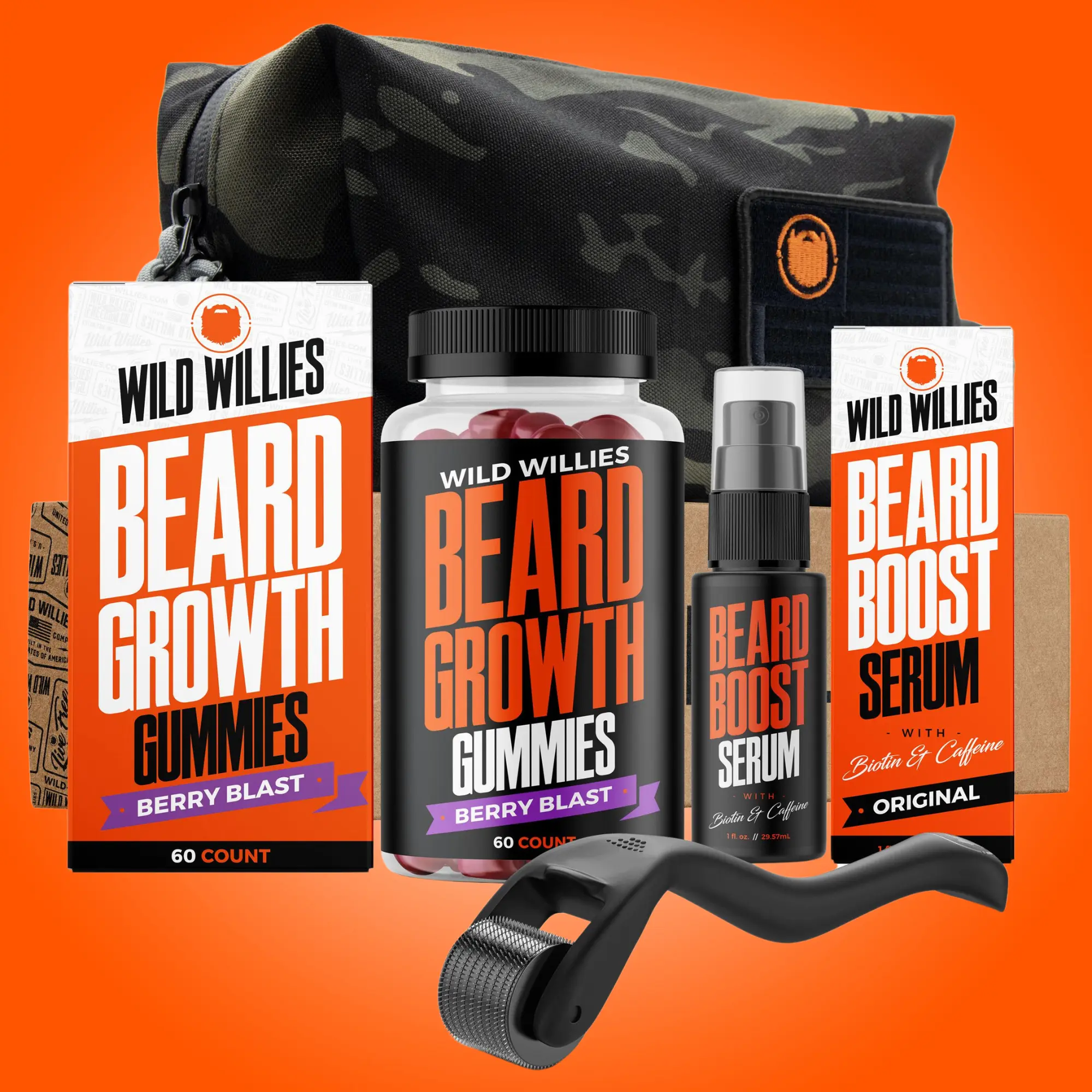 #1 Ultimate Beard Growth Kit — Beard Serum, Growth Gummies, Derma Roller + FREE Dopp Bag | WILD WILLIES