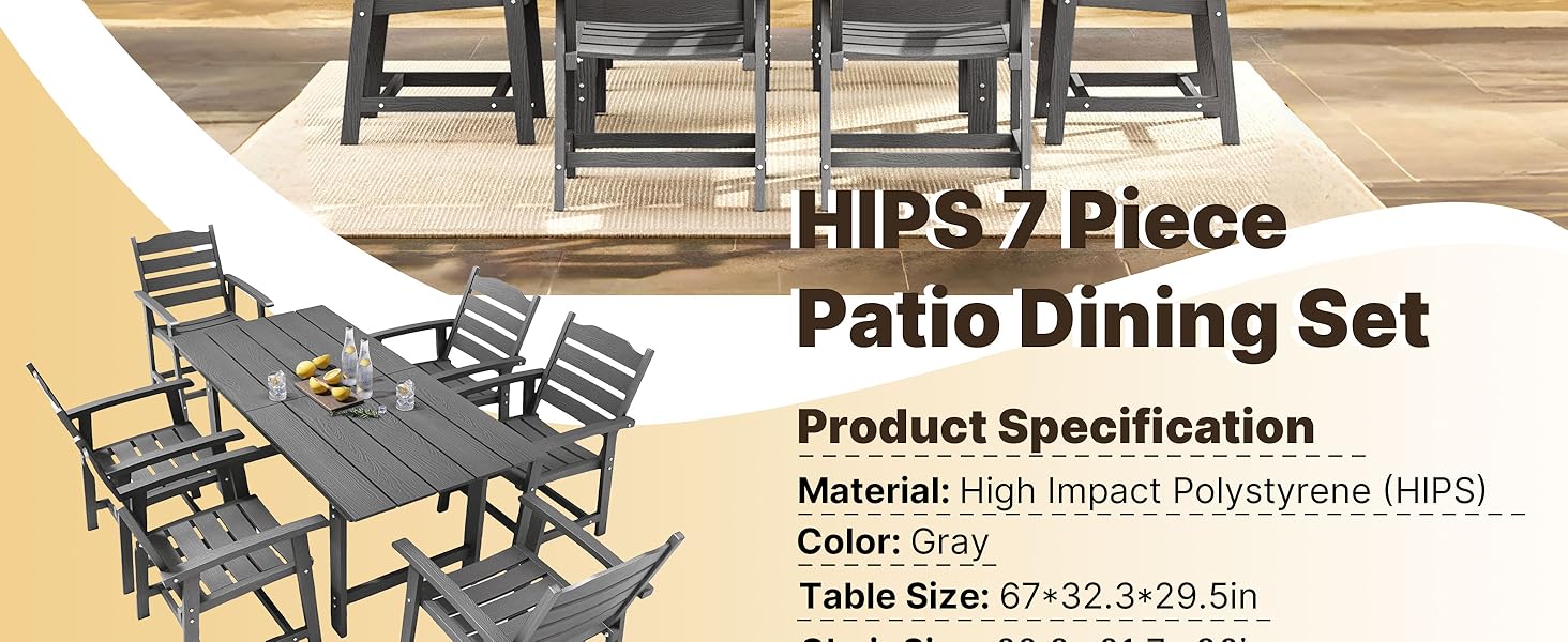 Gizoon 7 Piece HIPS Patio Furniture Set, Dining Table and Chairs for 6, Outdoor Dining Table Sets with Umbrella Hole, Patio Dining Set for Garden, Backyard, Lawn, Grey
