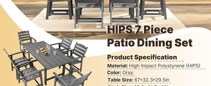 Gizoon 7 Piece HIPS Patio Furniture Set, Dining Table and Chairs for 6, Outdoor Dining Table Sets with Umbrella Hole, Patio Dining Set for Garden, Backyard, Lawn, Grey
