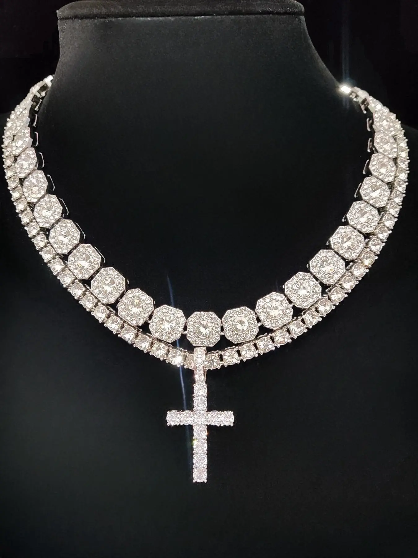 Men's Street Style Artificial Zircon Inlaid Cross Pendant & Cuban Chain Necklace, Fashion Jewelry for Party, Daily Decor, Trendy All-match & Exquisite Jewelry for Birthday Gift