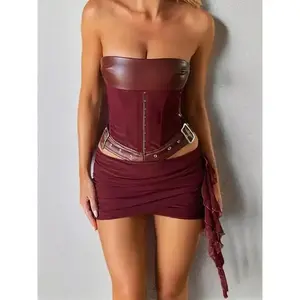 Two-piece Set Women's Solid Color Lace Up Corset Tube Top & Grommet Eyelet Decor Skirt, Fashion Casual Strapless Top & Ruched Skirt for Party Club Dating, Ladies Summer Clothes, Matching Clothing Set, Womenswear Suits Basic Gamis Burgundy Minimalist Short