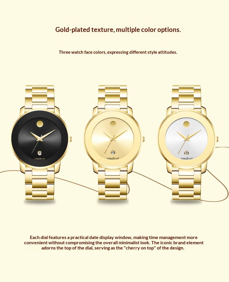 Luxury business quartz watches for men and women feature solid, hypoallergenic stainless steel strap with calendar function, deep waterproof, minimalist design, elegant, precise and durable for business travel, suitable for daily wear and gift giving