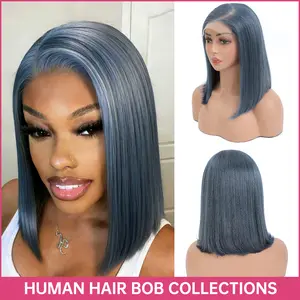 【Unique Color】CindiRiver 250% Density Misty Blue Color Bob Wig 5x5 HD Glueless Wig Human Hair Double Drawn 12 Inch Bob Wigs Side Part Blue Color Lace Front Wig Dark Blue Wig for Black Girls No Glue Needed & Easy to Install with Draw String