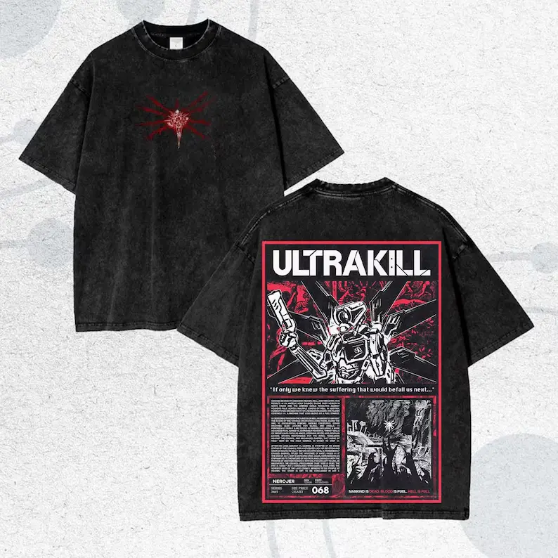 [Dark Aesthetic] Viral ULTRAKILL Game Print Acid Wash Oversize Shirt, Cyberpunk Y2K Grunge Graphic Tee