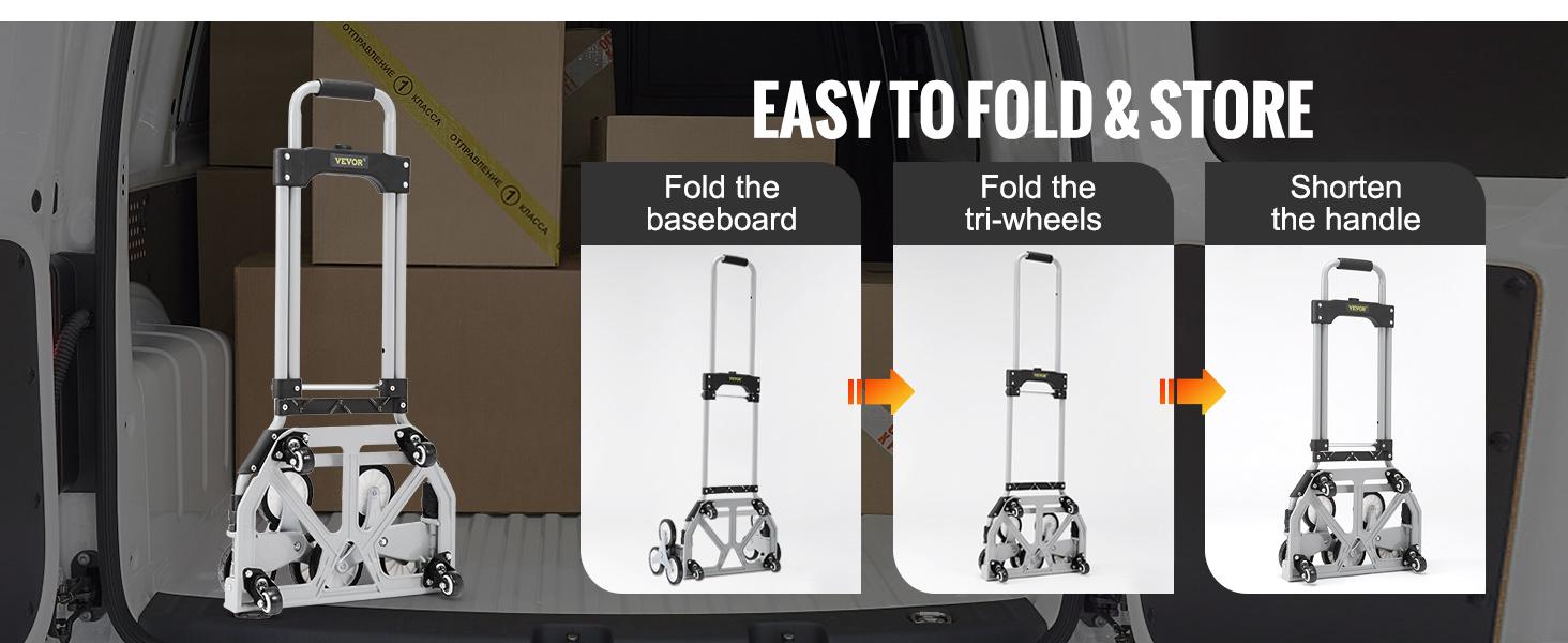 VEVOR Stair Climbing Cart, TikTokShopBlackFriday, Max. 550 lbs Load Capacity, Foldable Hand Truck with 32.3-45.7 inch Adjustable Handle Height, 4 Universal Wheels & 2 Elastic Ropes, Multipurpose Dolly for Warehouse Shopping