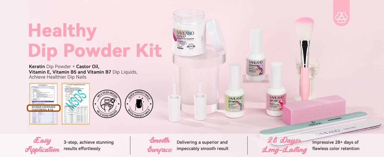 SAVILAND Clear Nail Dip Powder Kit Starter: 60g 2oz Kreatin Dip Powder Nail Liquids Dipping Powder Activator Base Top Coat Professional Dip Nail Kit Repair for French Manicure Salon Home DIY Nail Art