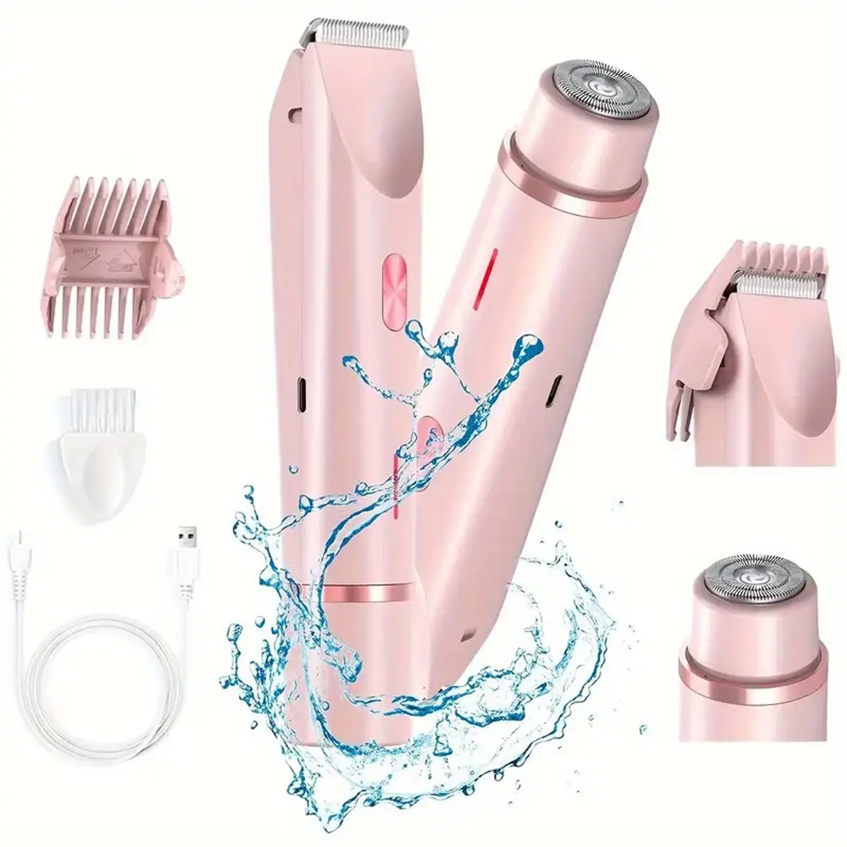 Bikini Trimmer for Women, 2-in-1 Electric Razors for Womens with Painless Ceramic Blades, IPX7 Waterproof Wet & Dry Use, Rechargeable Dual Head Electric Shaver for Pubic Legs Underarm Face Hairs& Body
