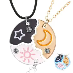 3Pcs Friendship Family Necklace for 3 Sun Moon Star Puzzle BFF Necklace Round Matching Necklaces Pendant For Women Men Best Friends Sisters Family Forever Gifts Anniversary Birthday Jewelry Gifts