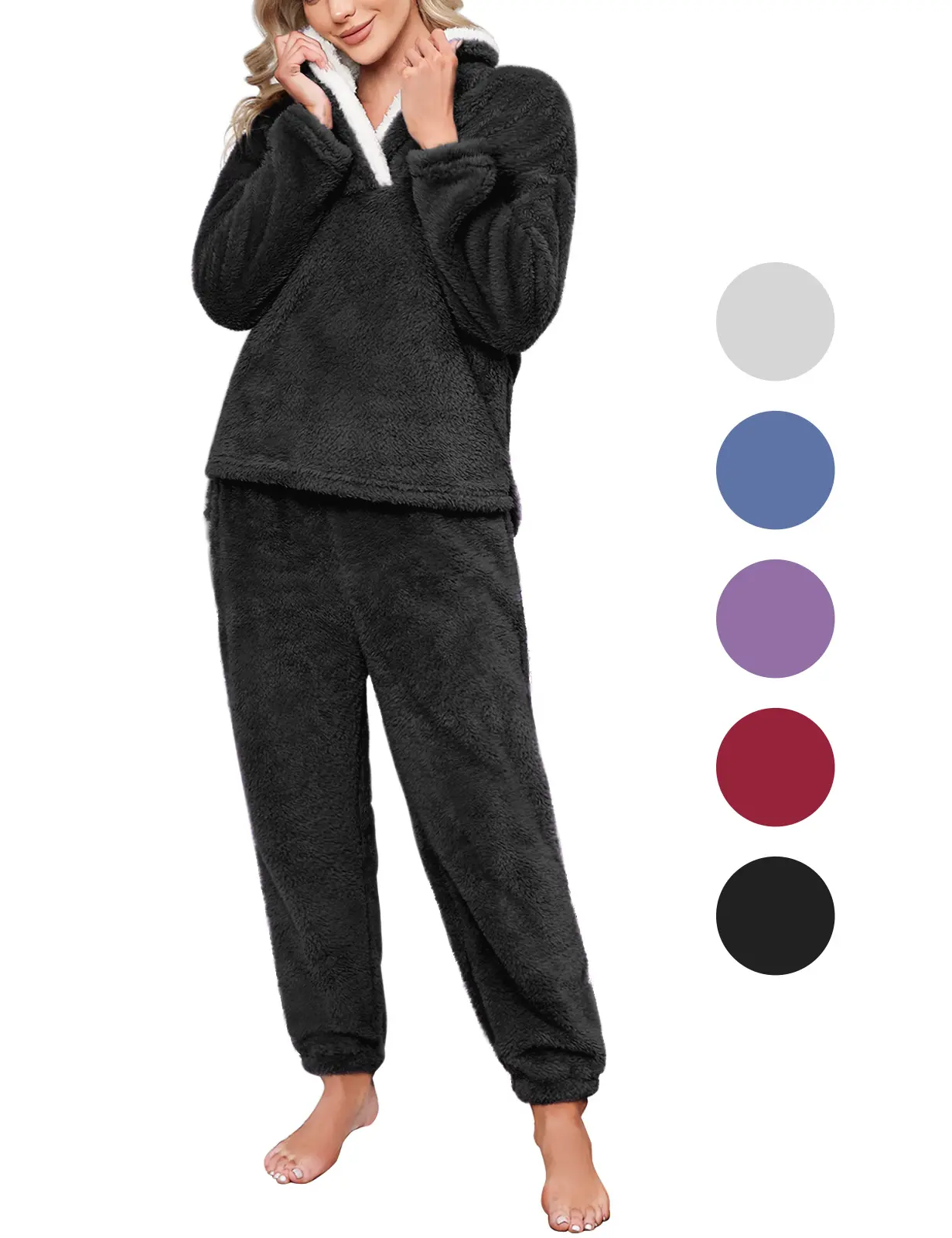 UMIPUBO Women's 2-Piece Long Sleeve Fleece Pajama Set - 100% Polyester Faux Sherpa Hoodie Pullover, Loose Full-Length Pants, Machine-Washable Winter Loungewear, Two-Pieces
