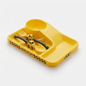 Construction Site Themed Dinnerware Set | 3Pcs Creative Bulldozer Flatware & Sectioned Food Tray | Unique Novelty Tableware for Theme Parties & Fans | Fun Desktop Dining Gadget