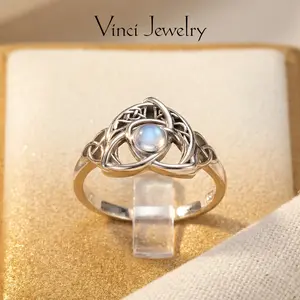 925 Vintage Synthetic Moonstone Ring with Celtic Triple Knot Design, Elegant and Unique Moon Ring Jewelry for Women, Daily Wear and Party, Unisex Jewelry Gift for Her, Valentine's Day Birthday Gift, Pagan Jewelry Protection Ring