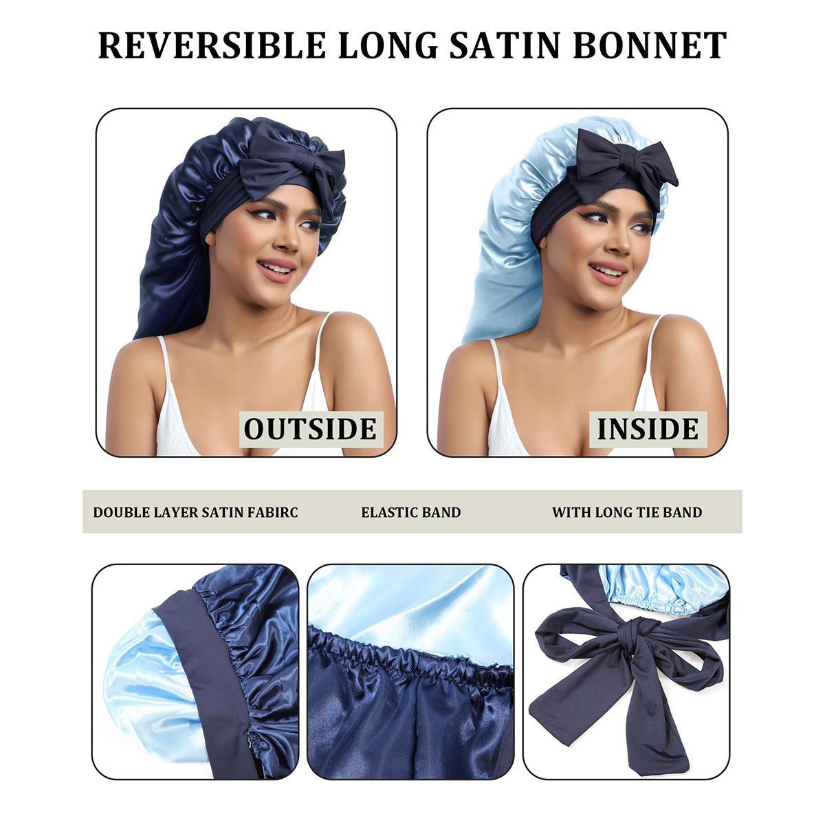 Long Double Layer Satin Bonnet Silk Like Texture for Sleeping Sleep Cap Adjustable Care Hair Bonnets with Elastic Tie Band for Women Braids Curly Hair Natural Hair Wrap Nightcap Gifts for Women