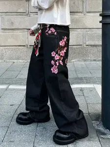 UP.THE Y2K Baggy Jeans Men's Wide Leg Hip Hop Vintage Floral Embroidered  Jeans Classic Quality with Button Detail