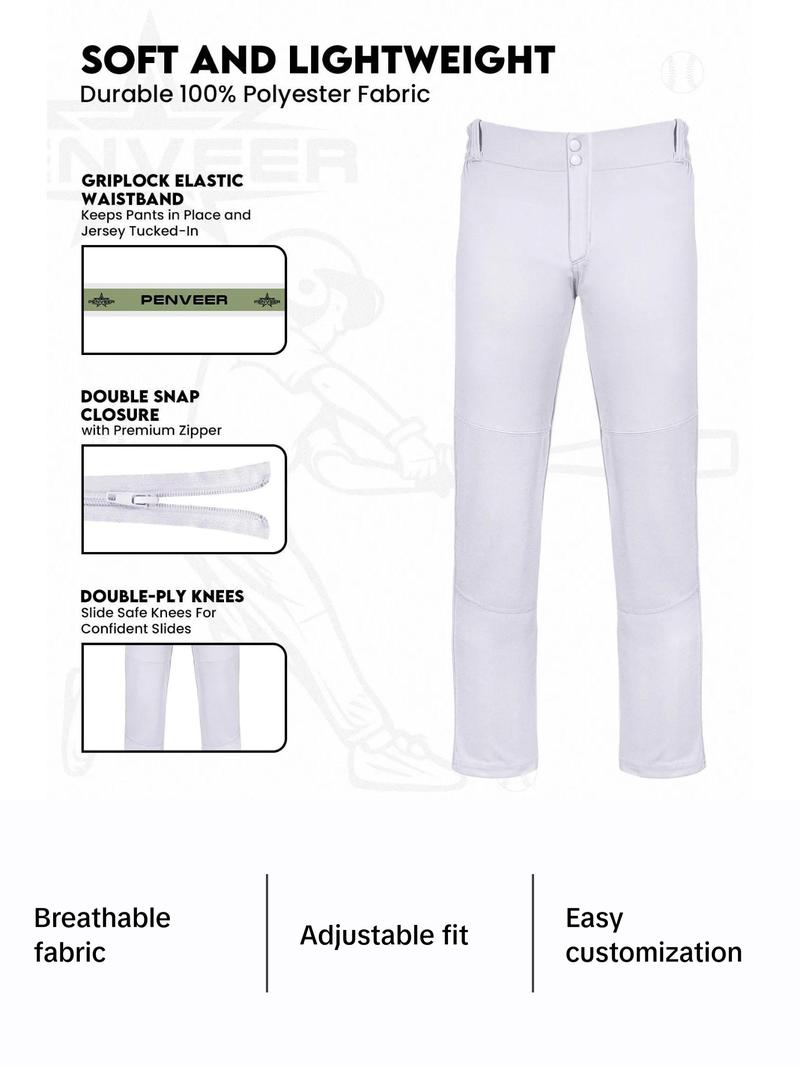Penveer Youth Baseball Pants, Full Length Open Bottom Boys Baseball Pants with Durable Snap, Softball Pants, T Ball Pants (White) Athletic Wear