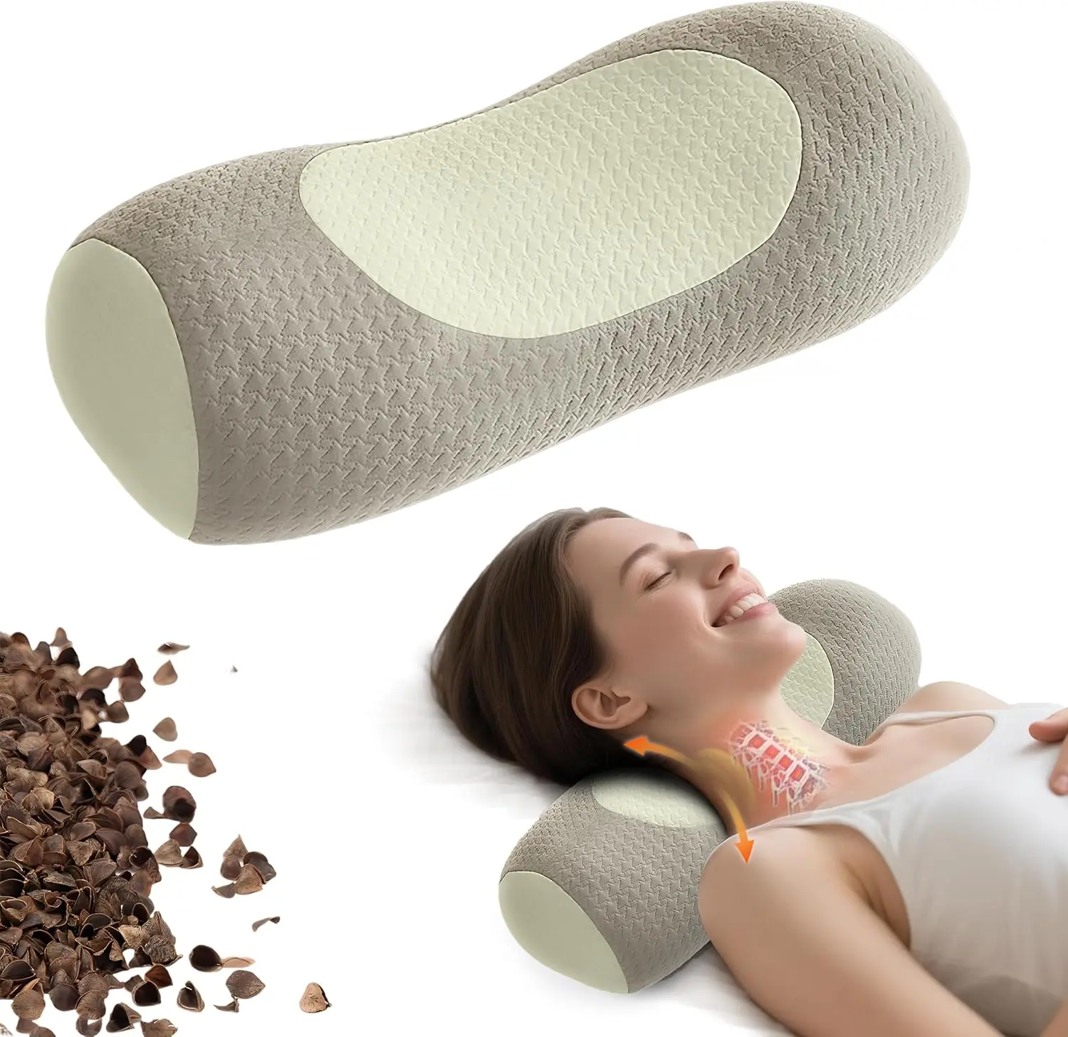 Organic Buckwheat Cervical Neck Pillow – Adjustable Neck Roll for Sleeping, Ergonomic Neck Support Bolster for Side & Back Sleepers, Pillow for Neck Pain Relief and Spine Alignment