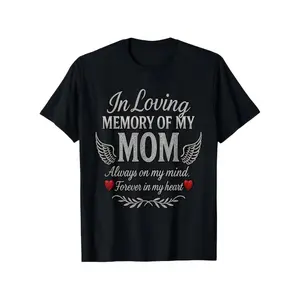 Unisex Short-Sleeve Fitted T-Shirt - In Loving Memory of Mom Memorial Gift, Angel Wings & Heart Design, Soft Breathable Cotton Streetwear Top, S-XXXL, Machine Washable Black Sympathy Tribute Apparel