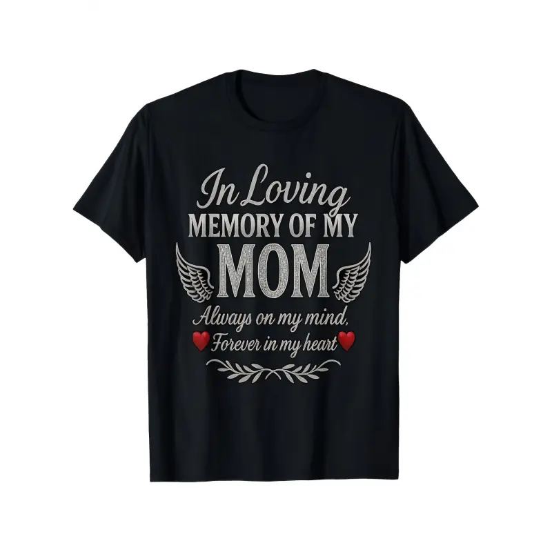Unisex Comfy Basic Short-Sleeve Fitted T-Shirt - In Loving Memory of Mom Memorial Gift, Angel Wings & Heart Print, Soft Breathable Cotton Casual Streetwear Top, S-XXXL, Machine Washable Black Sympathy Tribute Apparel