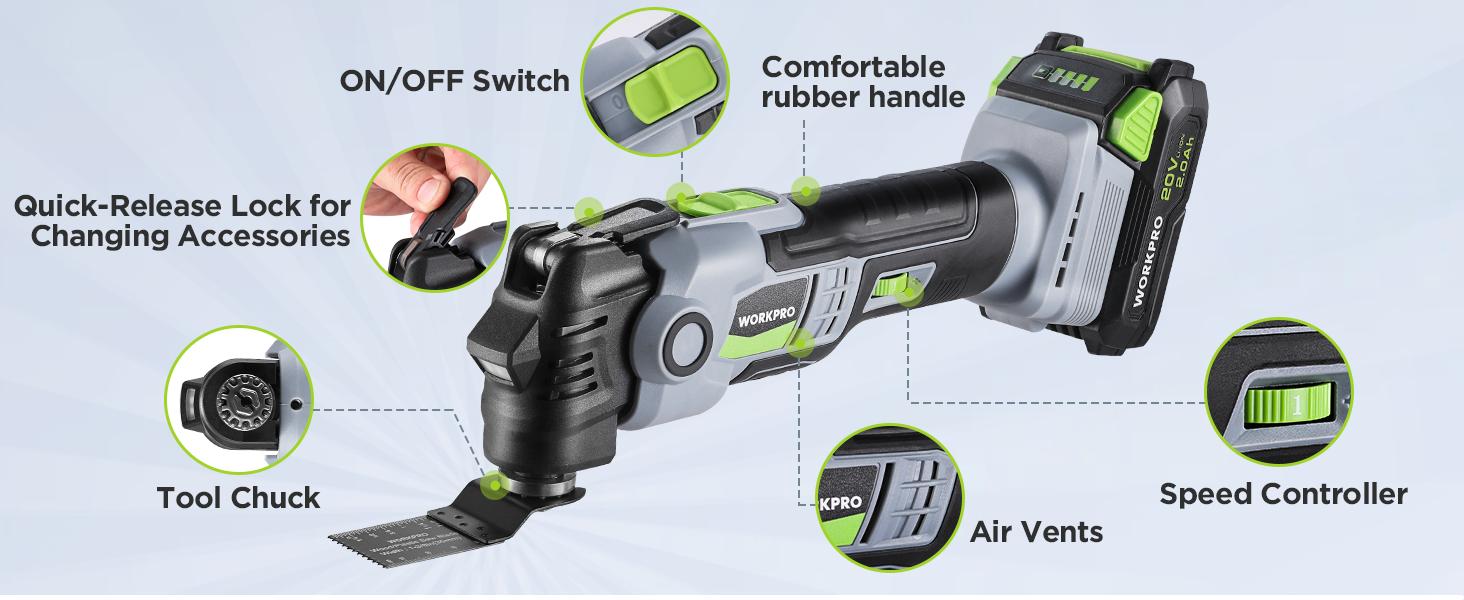 WORKPRO 20V Oscillating Tool Kit, Cordless and Brushless 19,000 RPM Orbiting Multi Tool with 6 Variable Speeds, 3.6°Oscillation Angle, 21pcs Saw Accessories, 1 Rechargeable Battery and Carrying Bag