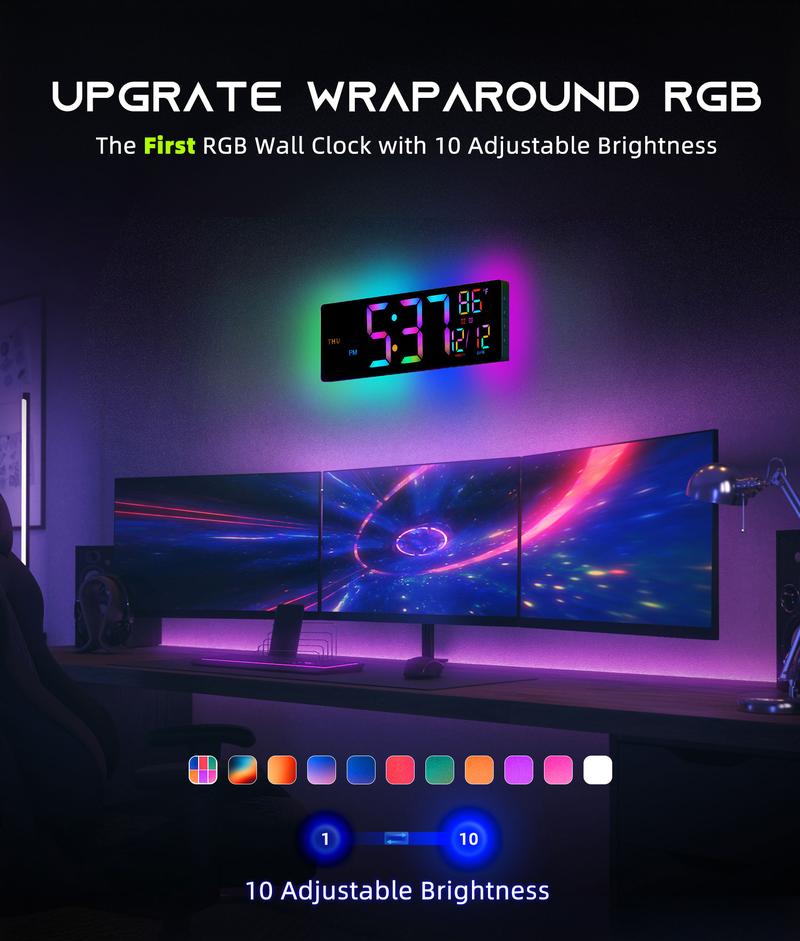 <Valentine's Day Gifts> EASYERA 16.5"&12" Large 2 in 1 Digital Wall Clock with Remote Control, RGB Atmosphere Lights with 11 Scenes Mode, Dual Alarms with BIG LED Display, Teacher Classroom, Office, GameRoom, LivingRoom, Auto Dst Adjustment Timer Clock