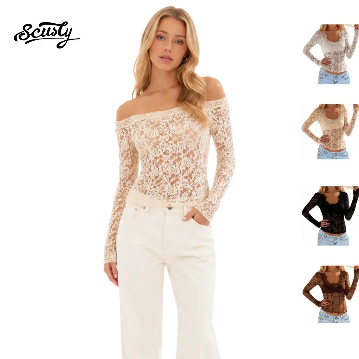 SCUSTY Women's Floral Lace Top V-Neck Long Sleeve Lace Blouse Sexy See Through Layering Top Shirts