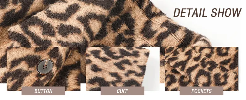 Chouyatou Women's Soft Leopard Print Long Wool Trench Coat - Notched Lapel, Double Breasted, Dressy Winter Warm Overcoat with Premium Fabric Style, Comfortable, Jackets,back to school,back to school shopping, Fashion, Outerwear