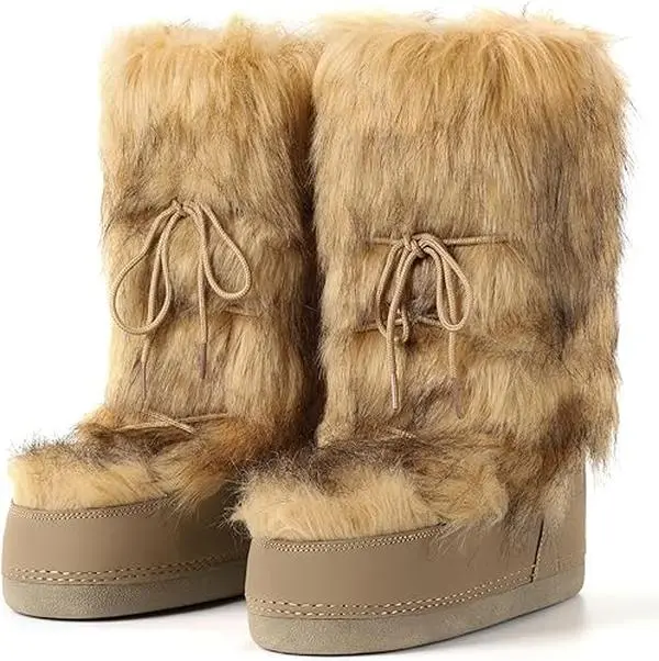 Women's Fashion Plush Fur Lace-Up Winter Boots - Platform Snow Shoe with Thick Sole, Laces, Snug Fit, Soft and Comfortable Warmth, Stability, Height Boost, Insulated Round Toe, Outdoor Wear