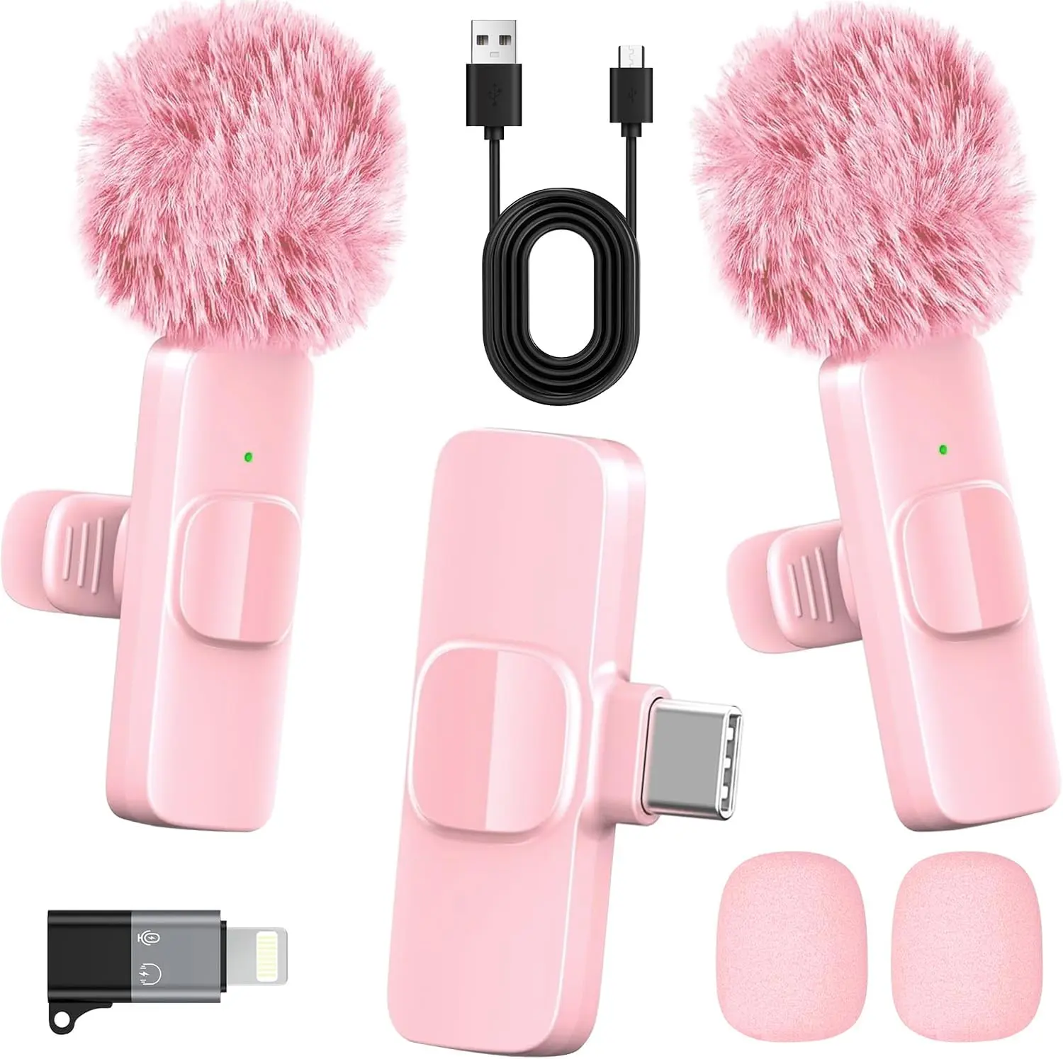 Portable Pink Wireless Lapel Lavalier Microphone for iPhone, Android, iPad - Mini Clip-On Plug Mic with Noise Cancellation, 65ft Range, 8H Rechargeable Batteries, USB-C/Lightning Cables, Audio Receiver, Clothes Clip for Vlogging Equipment, Recording