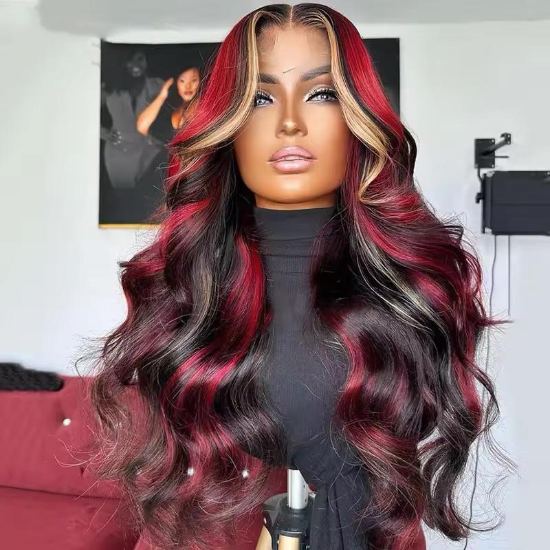 Body Wave Black Red Blonde Highlights Human Hair Wig  Transparent Lace Frontal Wigs Pre Plucked with Baby Hair 180% Density Blonde Red Highlights Wig 13X4 Pre Plucked Lace Front Wig