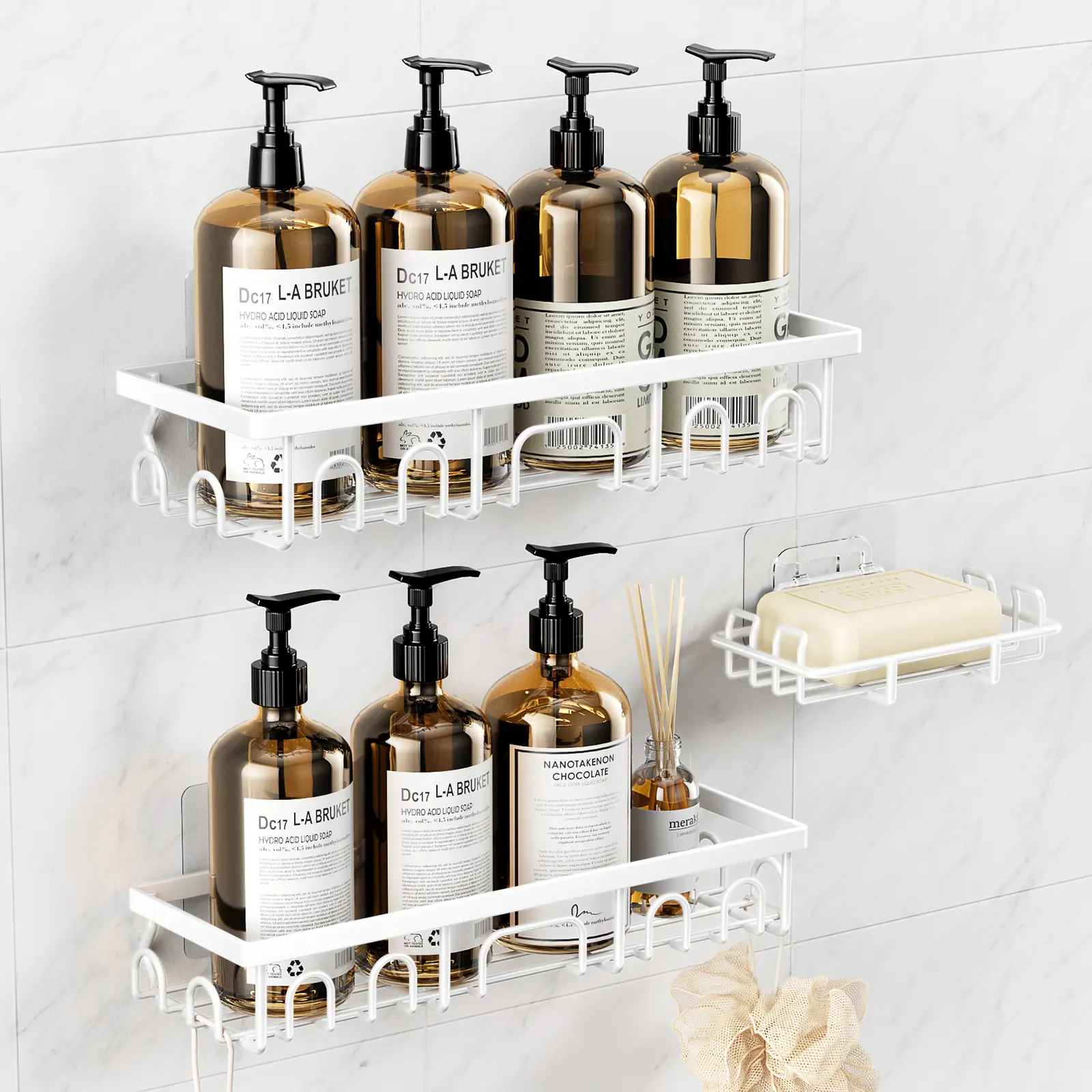 PKBD Shower Caddy 3 Pack Rustproof Adhesive Bathroom Organizer with Soap Holder No Drilling Bathtub Room Kitchen Home Storage White