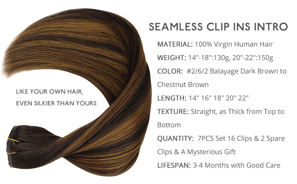 WENNALIFE 7pcs Seamless Clip In Hair Extensions 130g to 150g 14in-22in Dark Brown Balayage Remy Extensions Clip ins Natural Human Hair