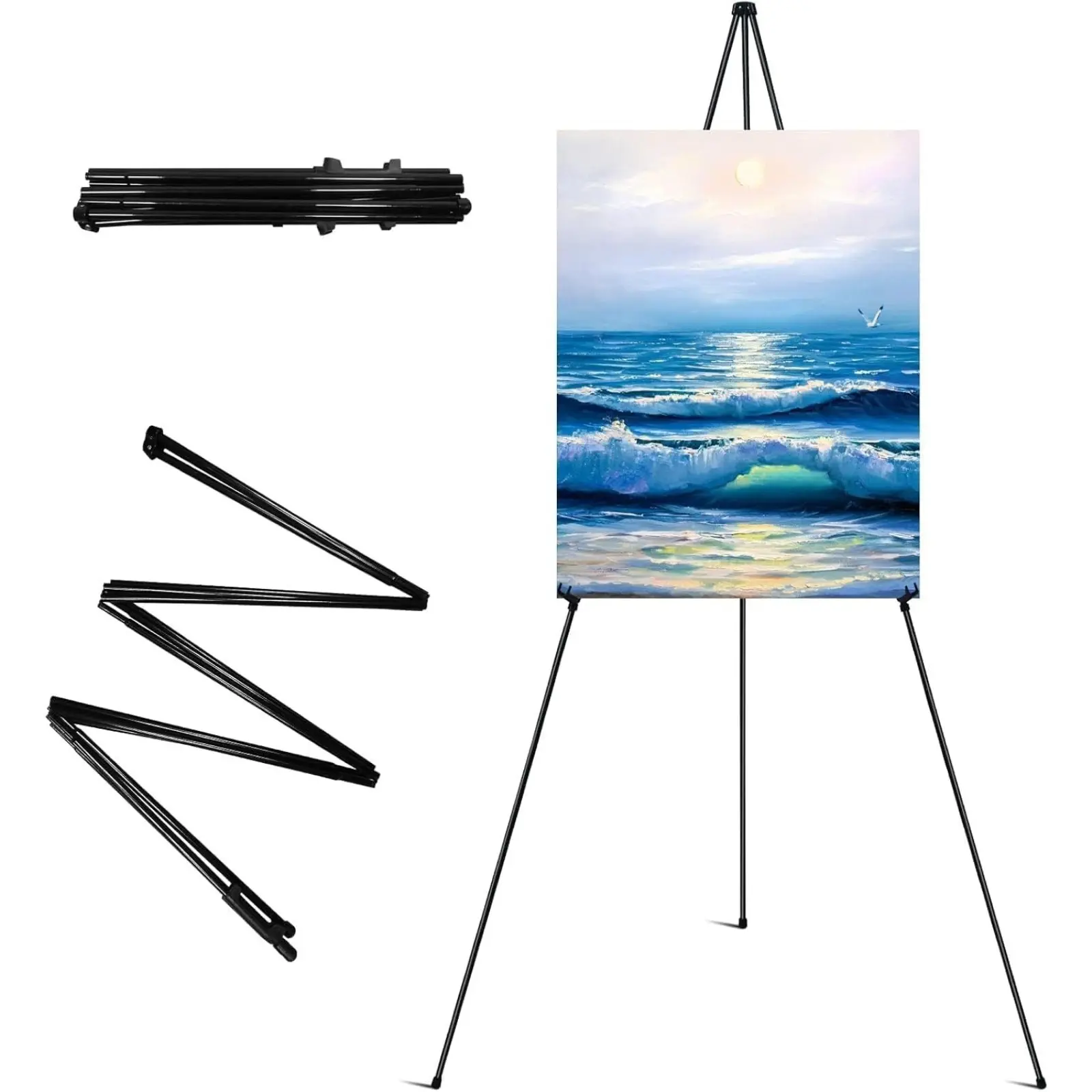 Metal Tripod Easel Stand for Home Supplies - 10-Sec Quick Setup, Adjustable, Collapsible, Lightweight, Sturdy Support, Metal Tubing, Built-In Elastic Cord for Painting, Wedding Signs, Posters (On-The-Go Artist Essential)