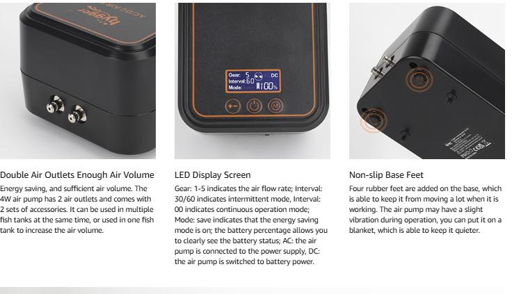 hygger Aquarium Air Pump, Rechargeable Portable Oxygen Pump with Single/Dual Outlets, Ultra Quiet Battery Powered Air Bubbler for Fish Tank up to 200 Gallo