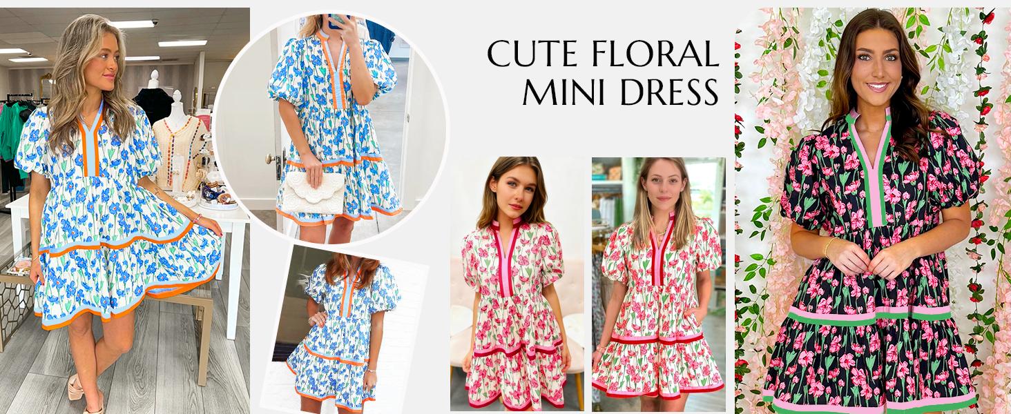 Cicy Bell Womens V Neck Floral Mini Dress Short Puff Sleeve Patchwork Summer Casual Boho Dresses Soft Fabric & Comfortable Fit