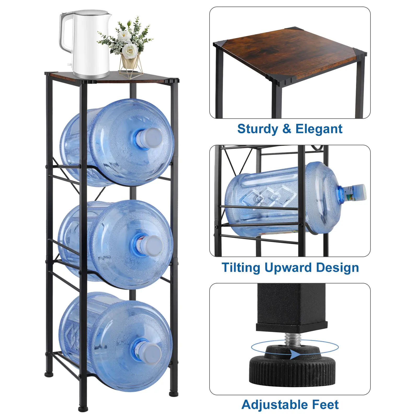 3-Tier Water Bottle Holder - Wood Top Metal Frame Floor Standing Utility Racks, Black, Space-Saving, Easy Assembly, Adjustable, Sturdy, Modern Kitchen Supplies, 5 Gal Jug Racks & Displays, Home Organizer Storage Stand, Homegoods