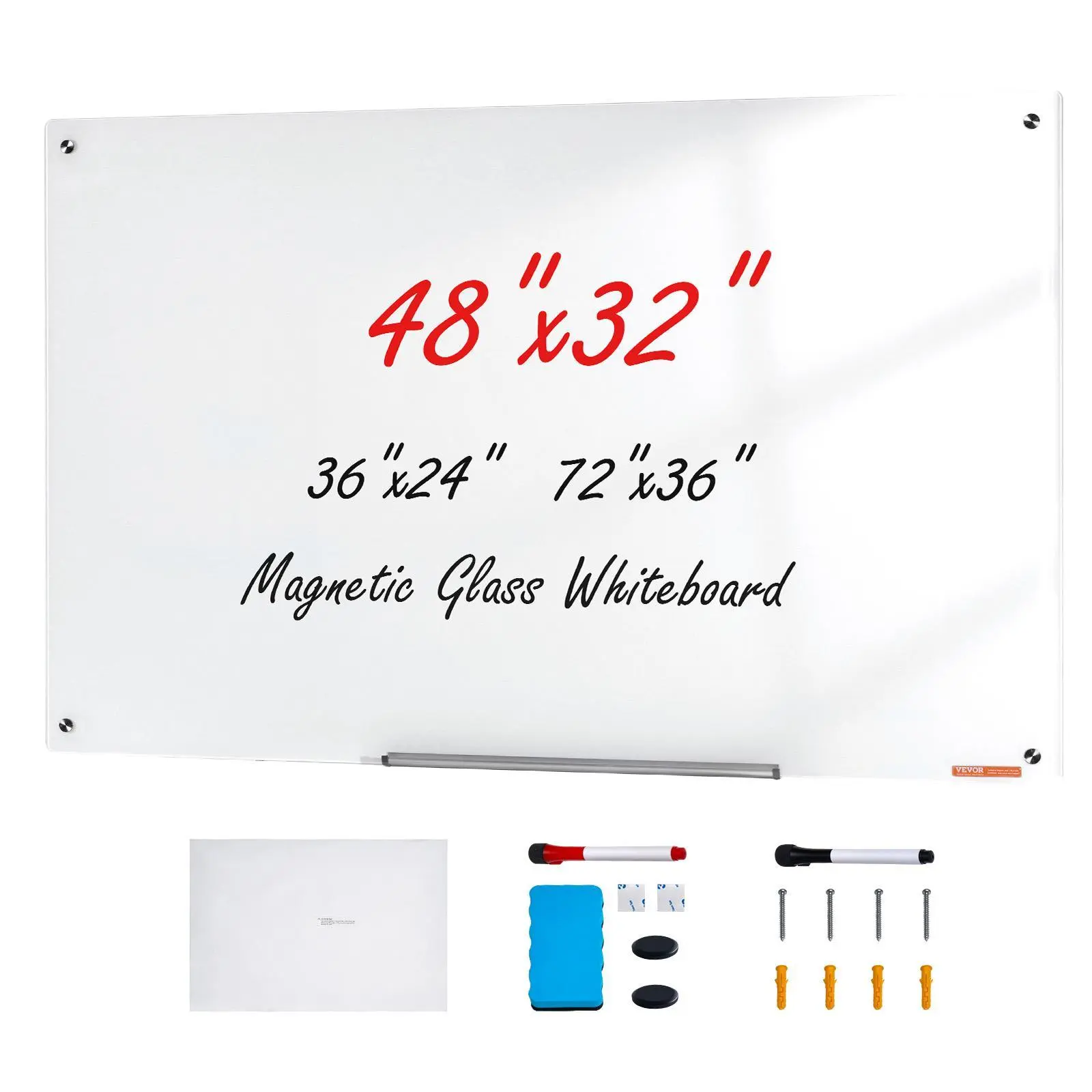 VEVOR Frameless Magnetic Tempered Glass Whiteboard, 48"x32" Wall-Mounted Dry Erase Board (White Finish, Metal Build, Strong Magnetic Force) with Marker Tray, Eraser, 2 Whiteboard Pens, Effortless Installation for Teachers, Home Offices, Minimalist