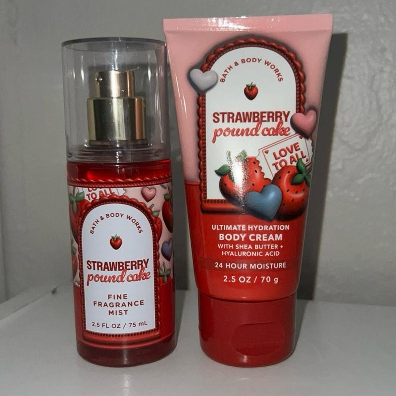 Bath & Body Works Strawberry travel size set Body Spray Set Ultimate Hydration Body Cream with Shea Butter Hyaluronic Acid 24 Hour Moisture
