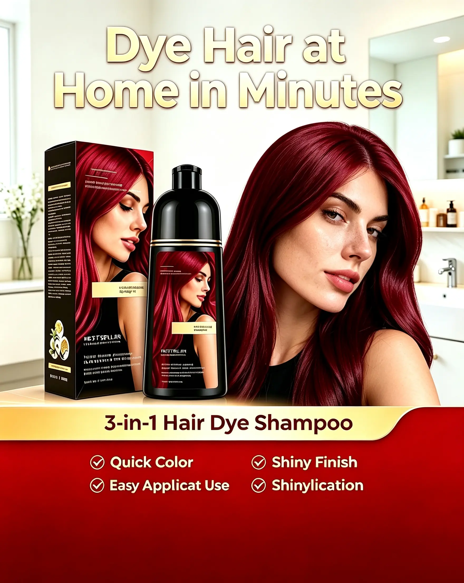 3-In-1 Burgundy Red Hair Dye Shampoo, Plant-Based Herbal At-Home DIY Formula for Quick Application, Gray Coverage, Women & All Hair Types