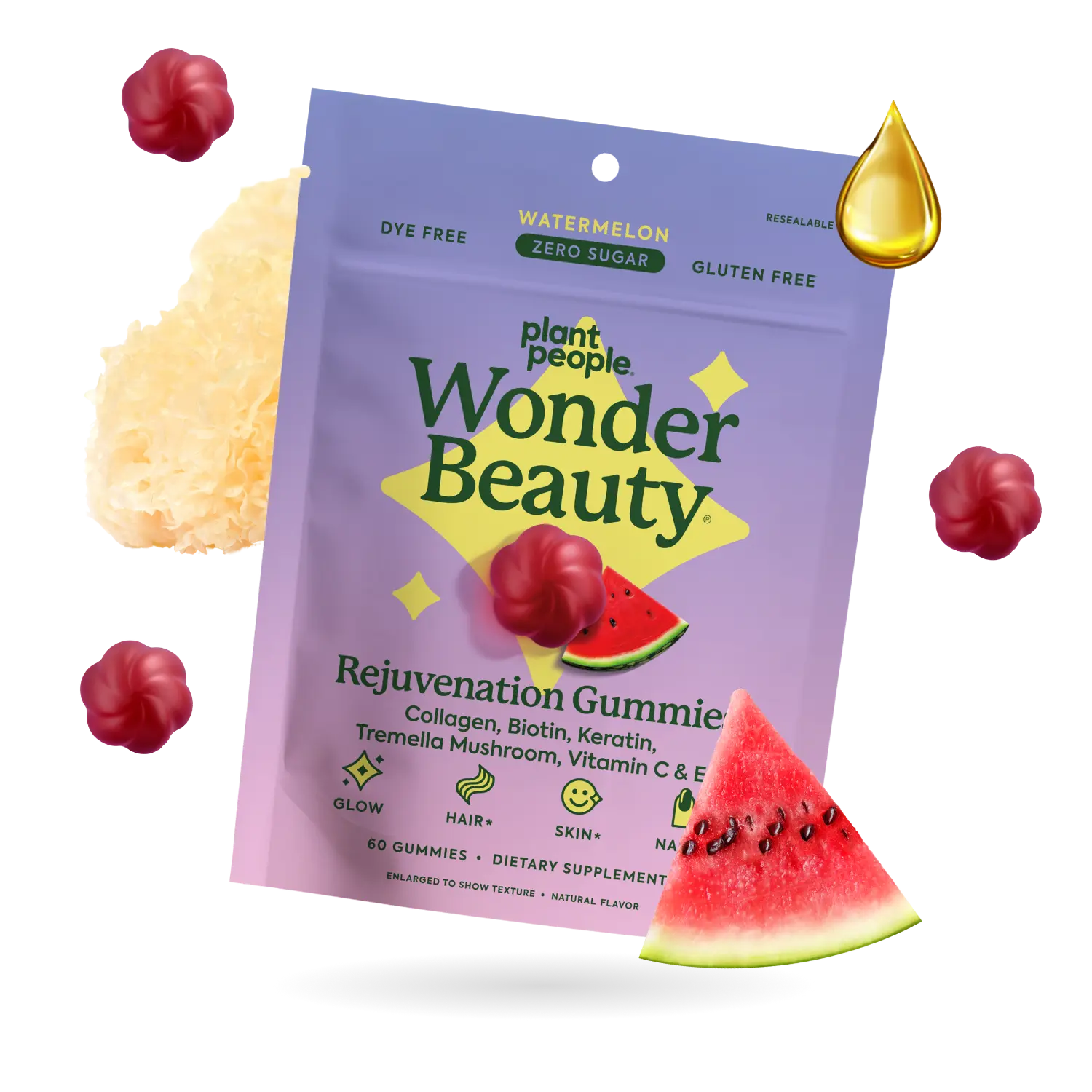 Plant People WonderBeauty, Zero Sugar Gummy Supplement - Hair, Skin & Nails Rejuvenation - Edible Skincare - Marine Collagen, Tremella Mushroom