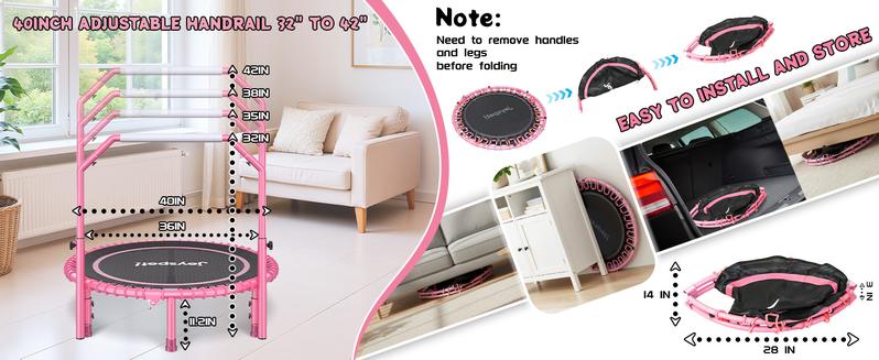 JoySpot 450 LBS Foldable Trampoline, 40 inch Indoor Fitness Rebounder with U-Shape Adjustable Foam Handle, Quiet Bungee Jump System & Cordless Jump Ropes, Indoor fitness, Outdoor fitness, Yoga, Valentine's gift, for Adults