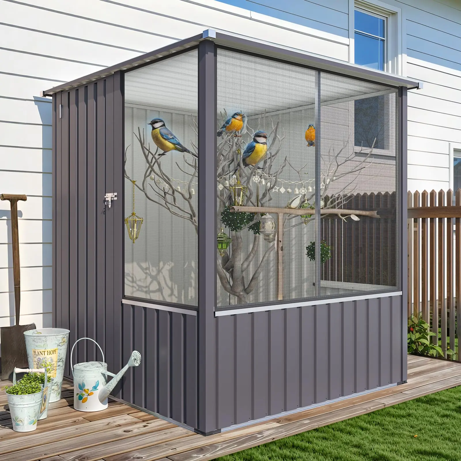 YODOLLA 5 x 5 FT Outdoor Large Bird Cage, Parrot Cage with Lockable Doors and Ventilated Mesh, Walk-in Aviary Cage for Macaws Canaries Parrots Budgie and Lovebirds